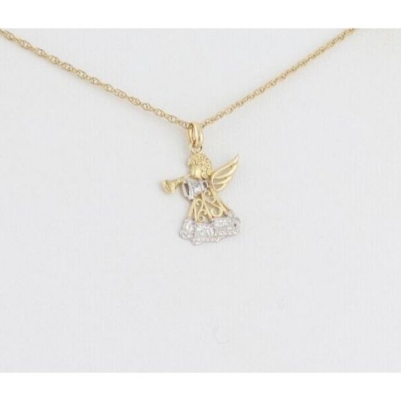 10k Yellow Gold & White Gold Angel Trumpet Necklace 18" Chain Dainty Delicate - Picture 1 of 7